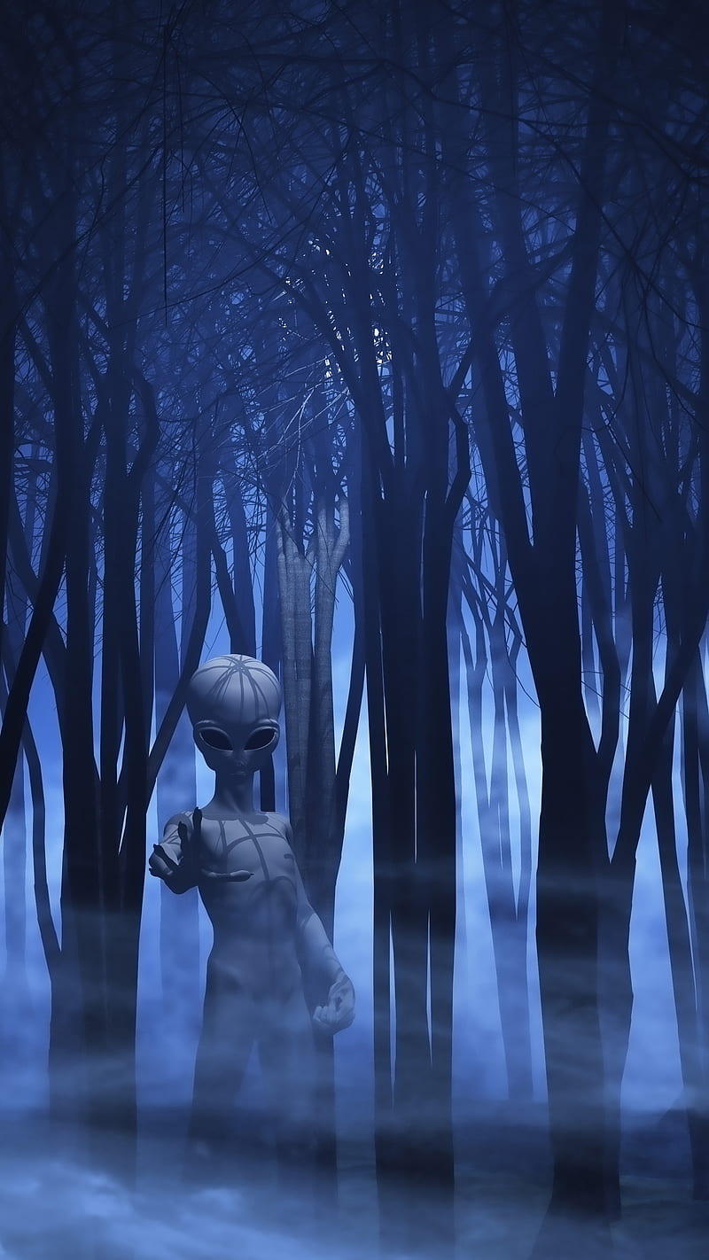 Alien in Words, Kiss, area 51, blue, dark, fog, scary, woods, HD phone wallpaper