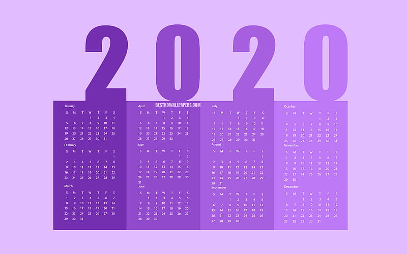 Purple 2020 Calendar, all months, minimalism style, 2020 months calendar, purple background, 2020 concepts, HD wallpaper