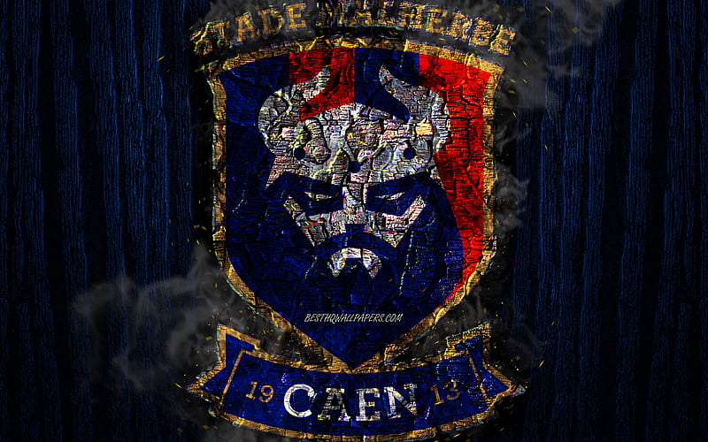 SM Caen, scorched logo, Ligue 1, blue wooden background, french football club, Caen FC, grunge, football, soccer, Caen logo, fire texture, France, HD wallpaper
