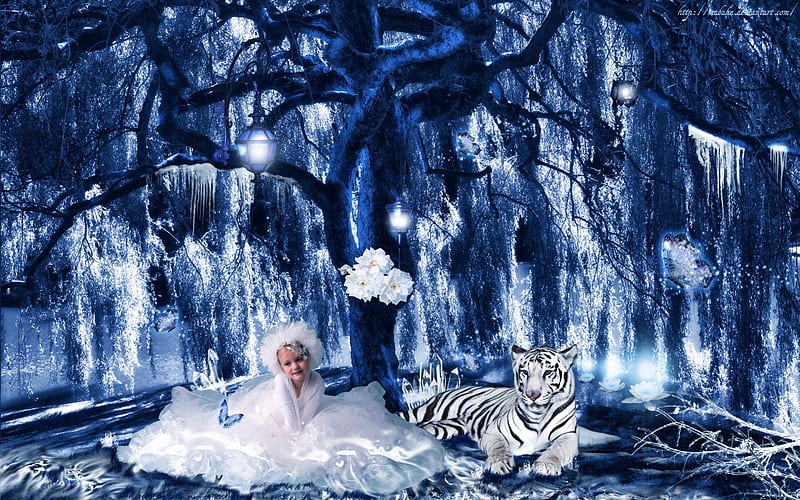 Calido Invierno, fantasy, girl, tiger, trees, winter, HD wallpaper