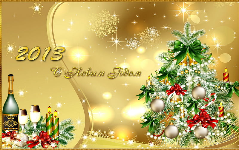 ✰.Xmas n Happy New Year.✰, pretty, chic, bows, xmas, greetings, sweet, xmas and new year, 2013, sparkle, gold, lovely, christmas, golden, celebration, new year, winter, happy, cute, cool, balls, snow, shining, champagne, white, bells, gifts, ornaments, red, festival, colorful, christmas tree, glow, holidays, jolly, glasses, candlelight, bonito, seasons, merry, green, party time, stripe, decorations, gorgeous, giftsbox, colors, winter time, snowflakes, curve, funny, HD wallpaper