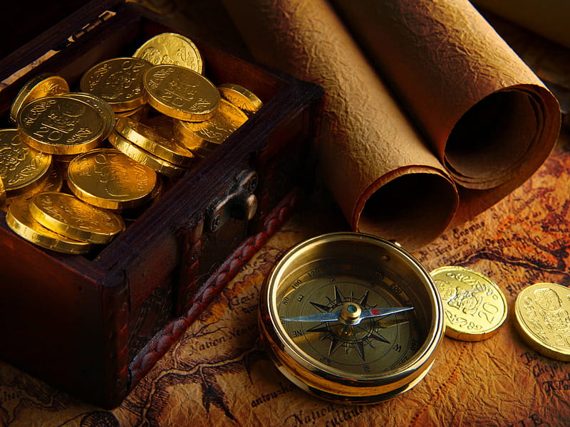 pirate Treasures, gold, treasure, coin, compass, pirate, HD wallpaper