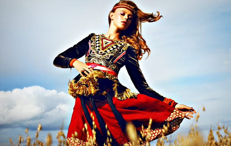 Frida Gustavsson, red, dress, autumn, model, black, sky, woman, girl, dance, field, HD wallpaper
