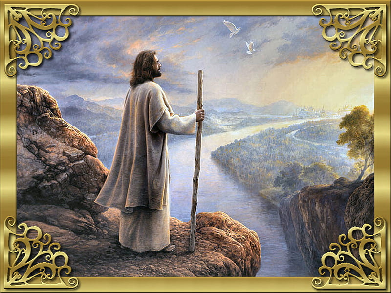 Hope - Christ F5, art, horizon, james lee, shepherd, lee, hope, jesus, Christ, mountains, painting, river, faith, HD wallpaper