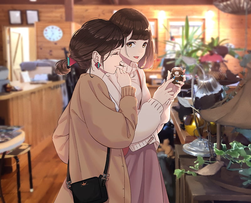 pretty anime girls, cafe, friends, slice of life, Anime, HD wallpaper