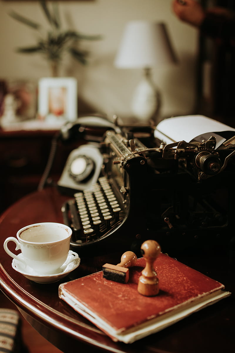 cup, book, typewriter, vintage, HD phone wallpaper