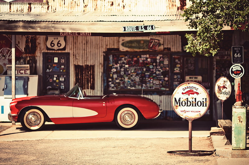 Route 66, america, california, car, desert, retro, signs, vintage, HD wallpaper