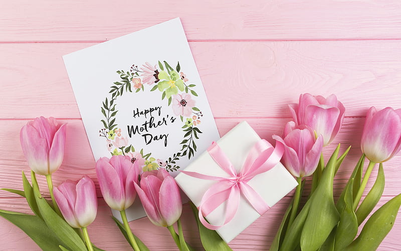 Mothers day, 2018, greeting card, pink tulips, spring flowers, gift, pink silk bow, pink flowers, HD wallpaper