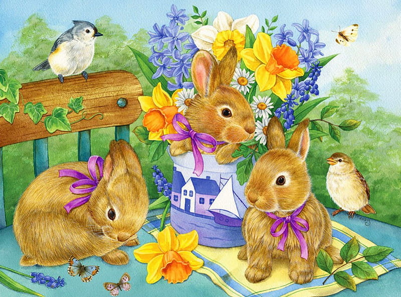 Bunny bouquet, pretty, grass, adorable, sweet, painting, flowers, friends, art, lovely, birds, yard, freshness, cute, pet, bouquet, garden, nature, bunny, HD wallpaper