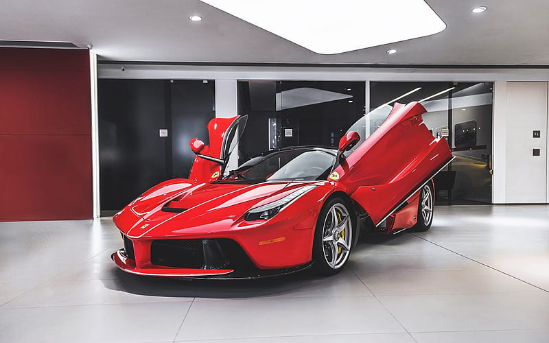 Ferrari LaFerrari, 2018, racing supercar, garage, red LaFerrari, sports coupe, lambo door, Scuderia Ferrari, HD wallpaper