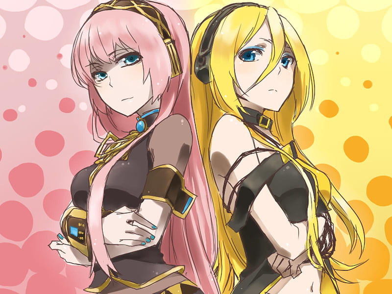 Megurine Luka & Lily, pretty, luka, headphones, yellow, bonito, megurine luka, megurine, yellow hair, nice, anime, hot, beauty, vocaloids, pink, blue eyes, blue, vocaloid, sexy, headset, cute, cool, lily, awesome, pink hair, HD wallpaper