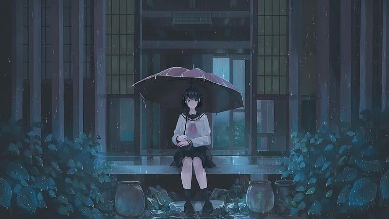 Anime, Original, Black Hair, rain, Short Hair, Umbrella, HD wallpaper