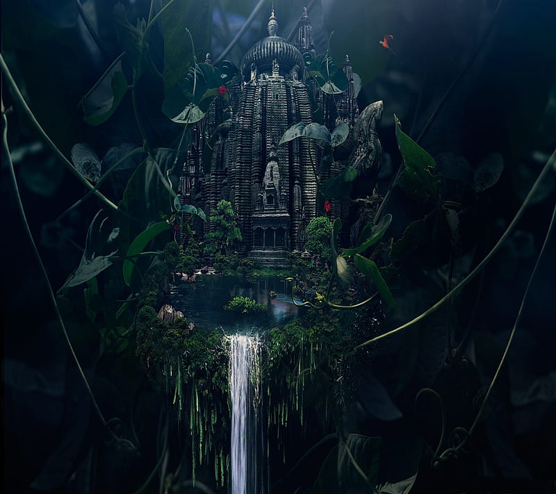 Fantasy Temple, leaf, leaves, trees, vines, water falls, HD wallpaper