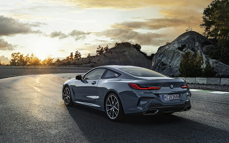 BMW 8 Series Coupe, 2019, M850i xDrive, rear view, luxury sports coupe, exterior, new gray 8er, German cars, evening, road, sunset, BMW, HD wallpaper