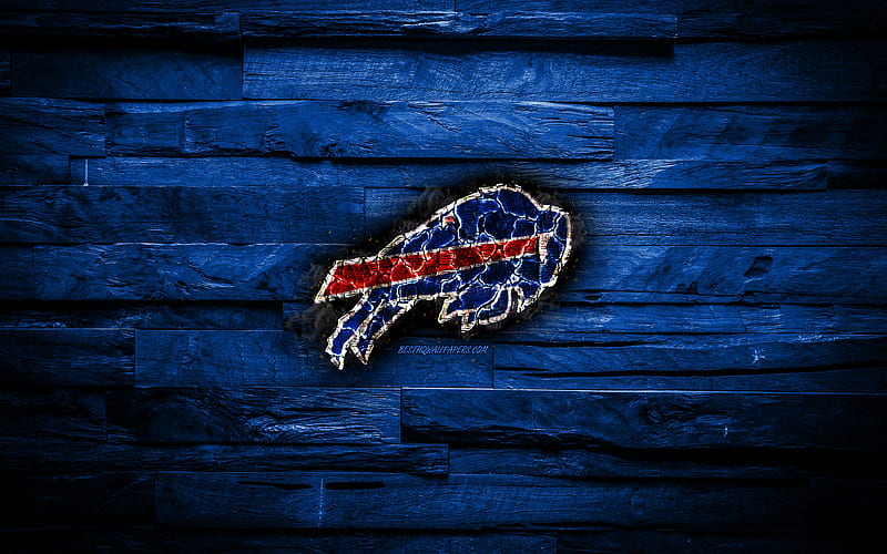 Buffalo Bills scorched logo, NFL, blue wooden background, american baseball team, American Football Conference, grunge, baseball, Buffalo Bills logo, fire texture, USA, AFC, HD wallpaper