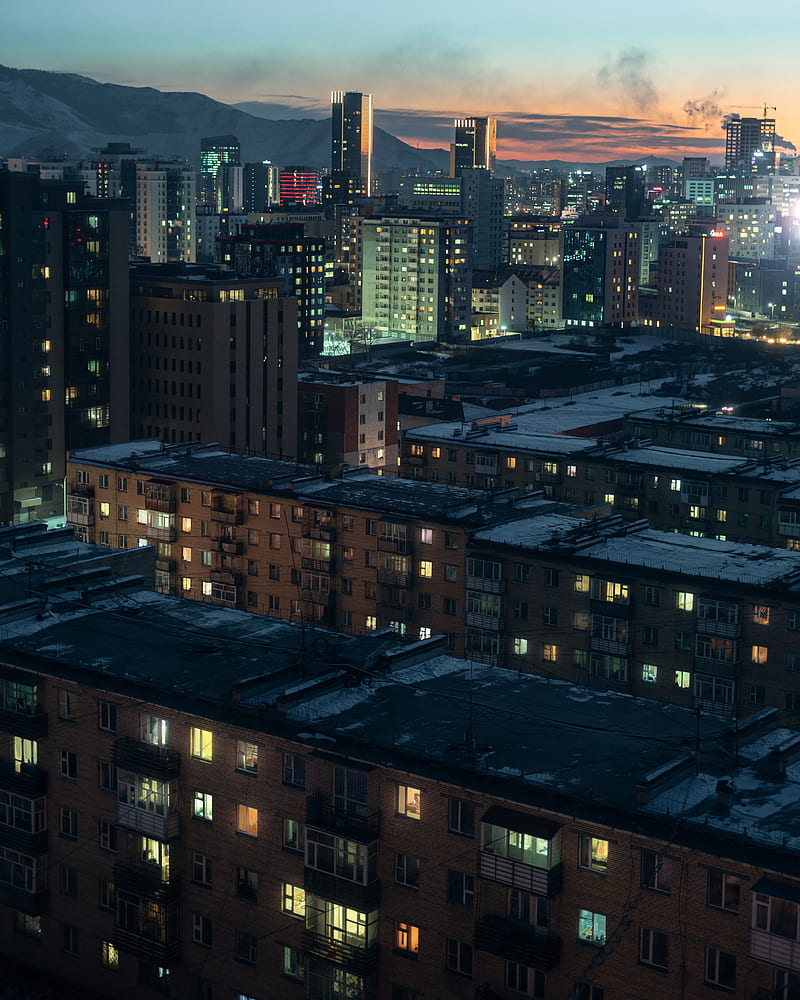 city, aerial view, buildings, cityscape, twilight, HD phone wallpaper