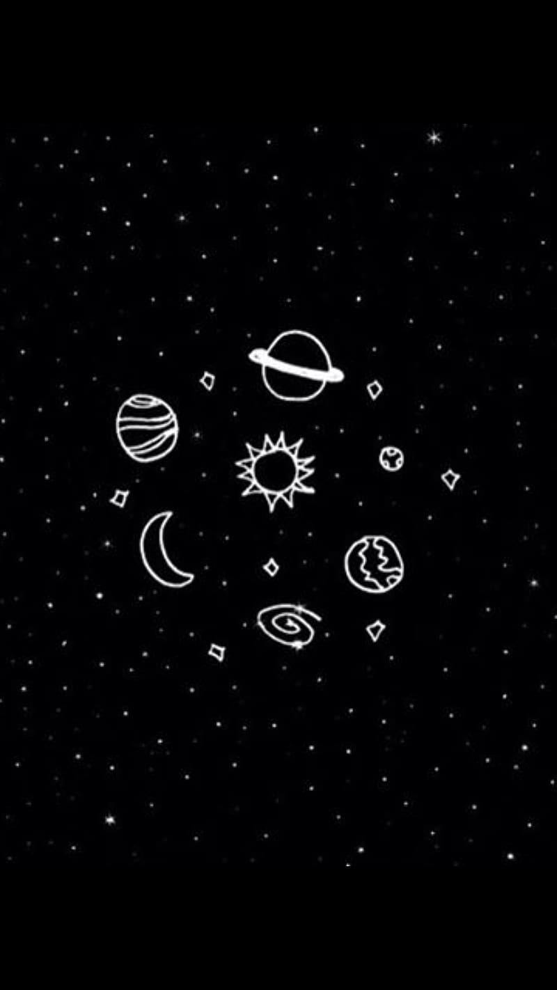 Aesthetic Black Planets And Stars, aesthetic black, planets, stars, white, sun, moon, HD phone wallpaper