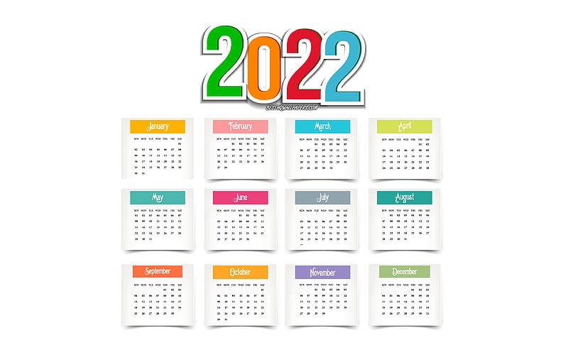 2022 Calendar, , white background, colored paper elements, 2022 all months calendar, 2022 Year calendar, 2022 concepts, HD wallpaper