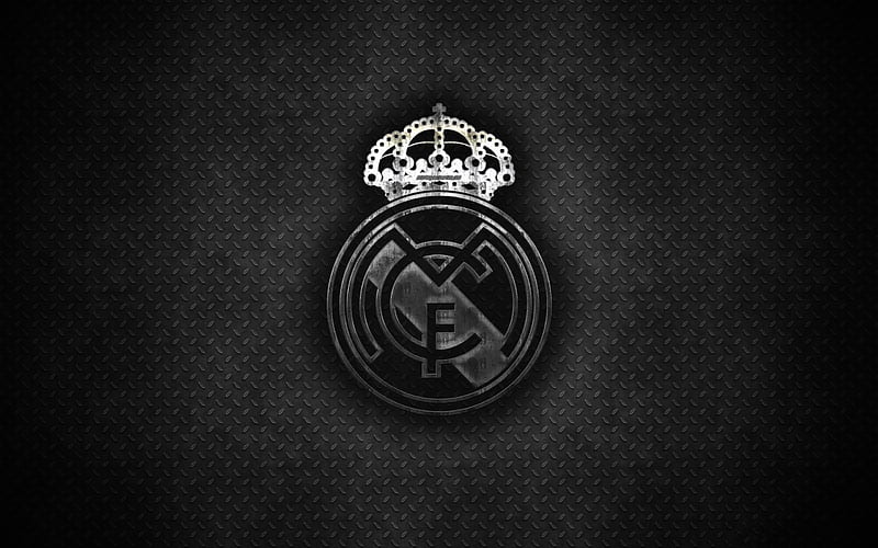 Real Madrid CF metal logo, creative art, spanish football club, emblem, gray metal background, La Liga, Madrid, Spain, football, Real Madrid, HD wallpaper