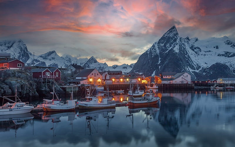 Winter in Norway, ships, islands, houses, mountains, Norway, harbor, sea, HD wallpaper