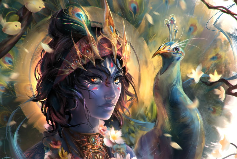 Young Krishna, art, luminos, pasare, peacock, yellow, man, fantasy, bird, gianluca rolli, god, blue, HD wallpaper