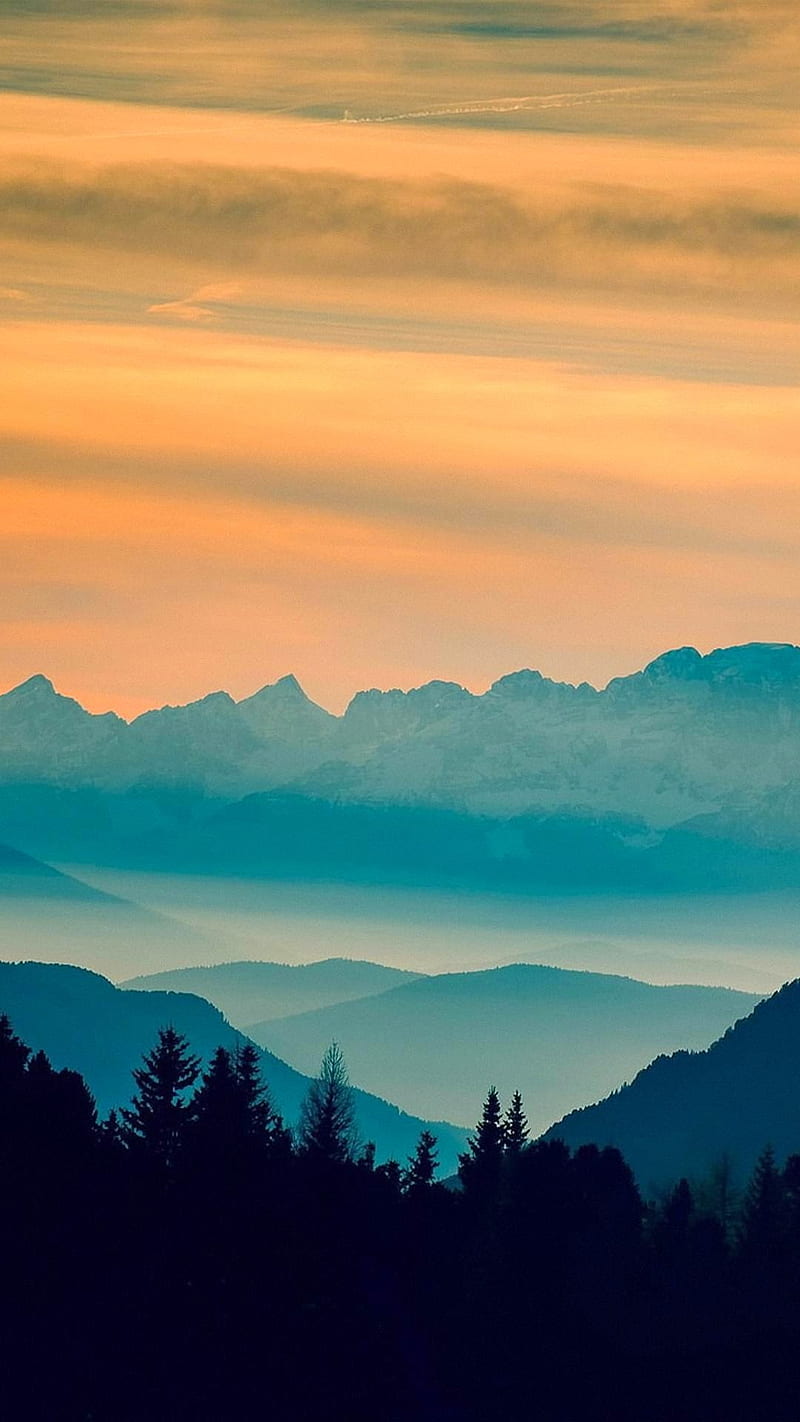 Mountains, harmony, material, minimal, minimalism, pretty, smoky, sunrise, sunset, theme, HD phone wallpaper