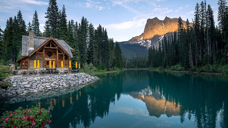 Emerald Lake Lodge, Canada, forest, lodge, mountains, nature, reflection, trees, lake, canada, cabin, HD wallpaper