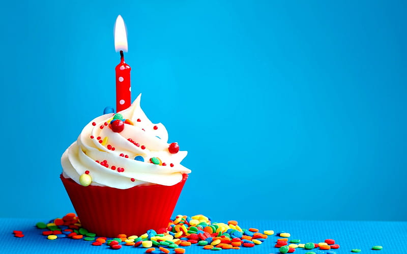 Happy Birtay!, red, candle, candy, colorful, food, birtay, sweet, dessert, cupcake, cream, blue, HD wallpaper