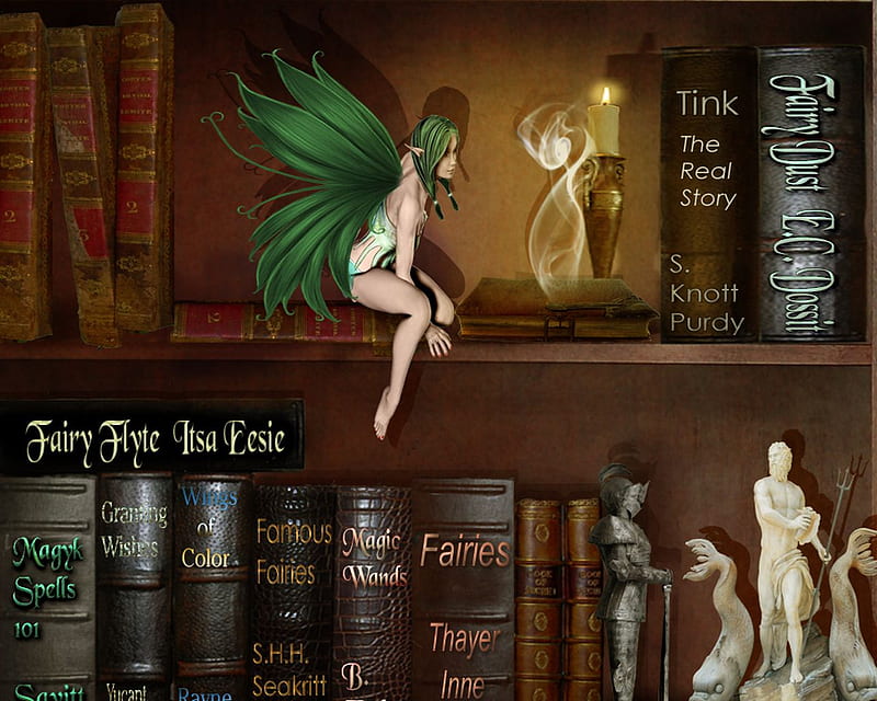 The Bookcase, figurines, fantasy, books, magic, abstract, artwork, fairy, HD wallpaper