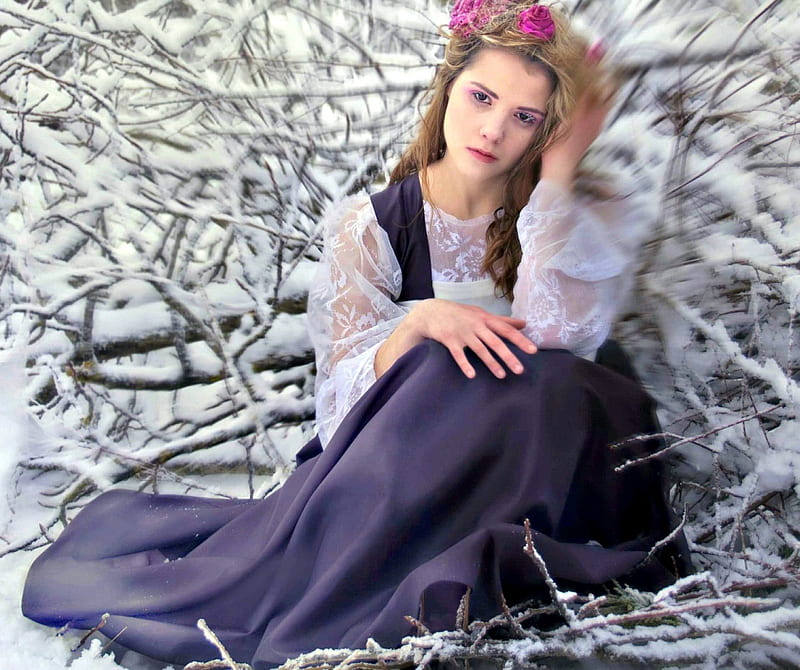 Russian Model in Winter, Model, Roses, Snow, Winter, HD wallpaper