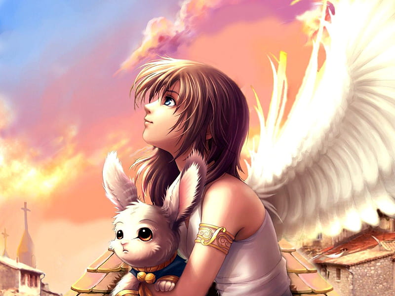 Angel of Smile, rabbit, female, sun, wings, look up, angel, smile, sky, HD wallpaper