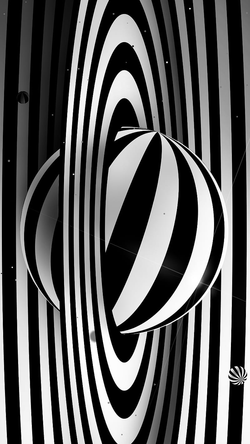 Saturn, 3-d, Astronomy, Divin, Fantastic, Sci-fi, abstraction, black-and-white, cosmic, cosmos, illusion, illustration, object, op-art, optical, optical-art, optical-illusion, planet, rings, science, space, sphere, striped, visual, volume, HD phone wallpaper