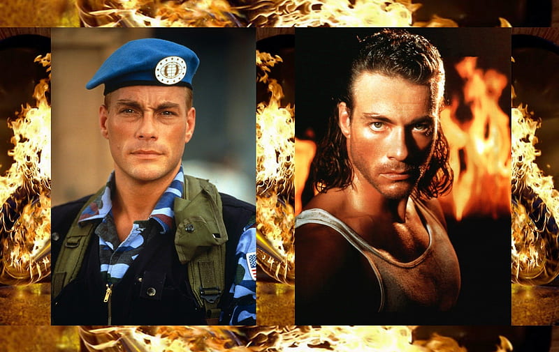 Jean-Claude Van Damme, movie, man, by cehenot, collage, hat, fire, otange, flame, actor, blue, HD wallpaper