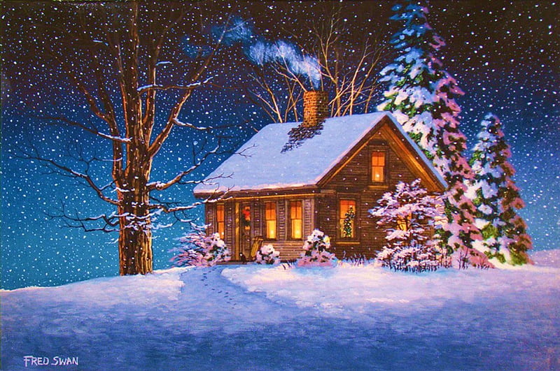 Snow Cottage, painting, nature, evening, trees, sky, light, landscape, HD wallpaper