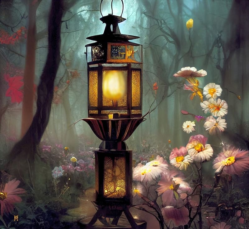 Antique garden lantern, antuque, night, fantasy, flower, light, garden, lantern, marion marino, HD wallpaper