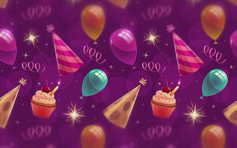 Happy birtay, purple background, art, multicolored balls, festive background, birtay greeting card, HD wallpaper