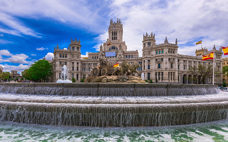 Plaza de la Cibeles, Madrid, Spain, fountain, Spanish flag, square, Madrid landmarks, HD wallpaper