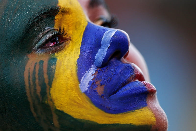 Brazilian Football Fan, soccer, model, World Cup 2014, real, colors, face paint, woman, sport, person, Brazilian, gorgeous, HD wallpaper