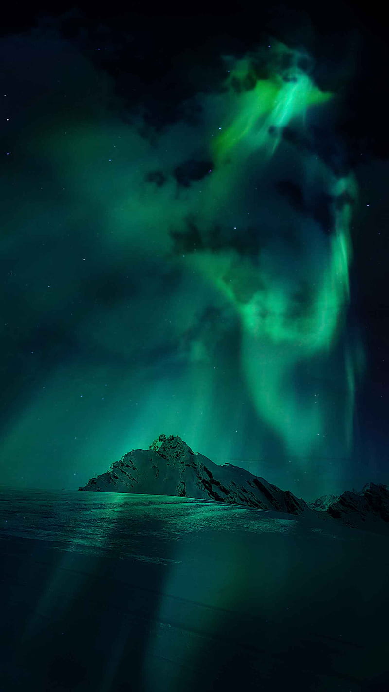 Green Northern Lights, black, blue, clouds, cosmic, cosmos, light, mountains, night, sky, HD phone wallpaper