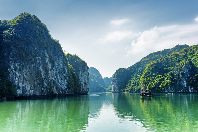 Halong Bay , Vietnam, Sea, Rock, Sky, Clouds, Nature, HD wallpaper