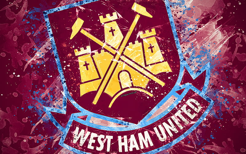 West Ham United FC paint art, logo, creative, English football team, Premier League, emblem, burgundy background, grunge style, London, England, UK, football, HD wallpaper