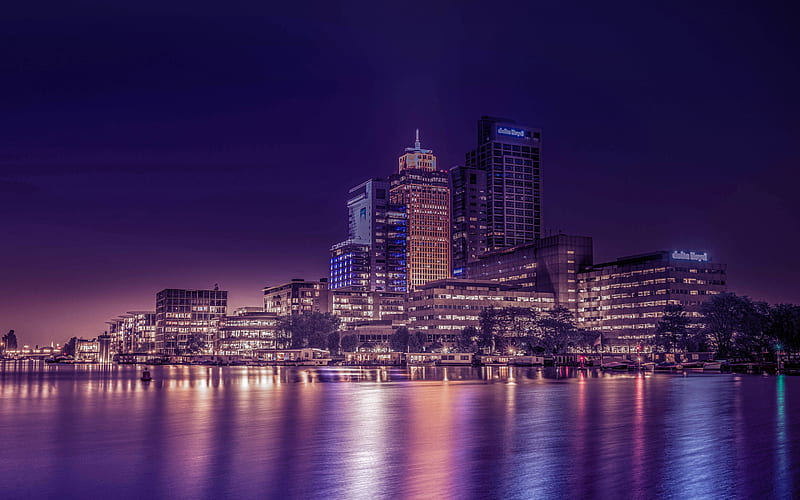 Amstel River, Amsterdam, Omval, evening, city lights, Amsterdam cityscape, Netherlands, HD wallpaper