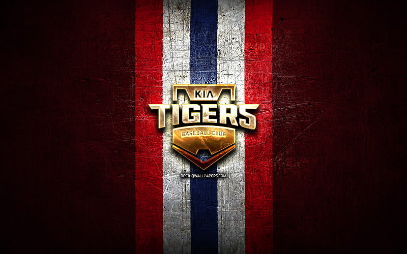 KIA Tigers, golden logo, KBO, red metal background, south korean baseball team, KIA Tigers logo, baseball, South Korea, HD wallpaper