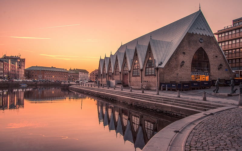 Gothenburg, Sweden, morning, sunrise, river, beautiful Swedish city, River of the Geats, HD wallpaper