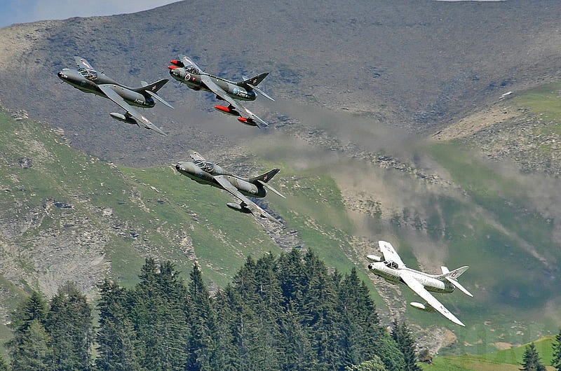 Hawker Hunters (Swiss Air Force), british aircraft, hawker hunter, swiss air force, alps, HD wallpaper