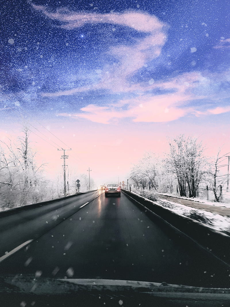 Snow street, aurora, borealis, car, lights, polar, rainy, HD phone wallpaper