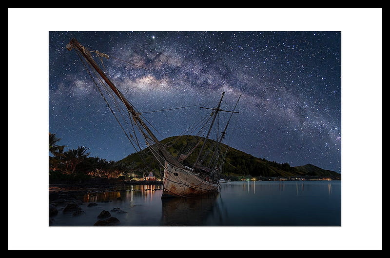Aground And Abandoned, beach, Ocean, Stary Night, Sailing Ship, HD wallpaper