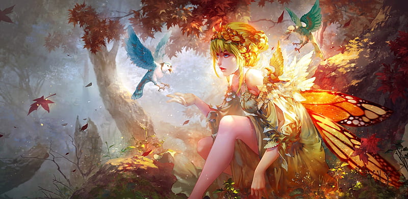 Autumn Fairy, fantasy woman, autumn, butterfly wings, bonito, woman, fantasy, beauty, flowers, fairy, forest, female, wings, birds, blonde hair, trees, abstract, lady, HD wallpaper