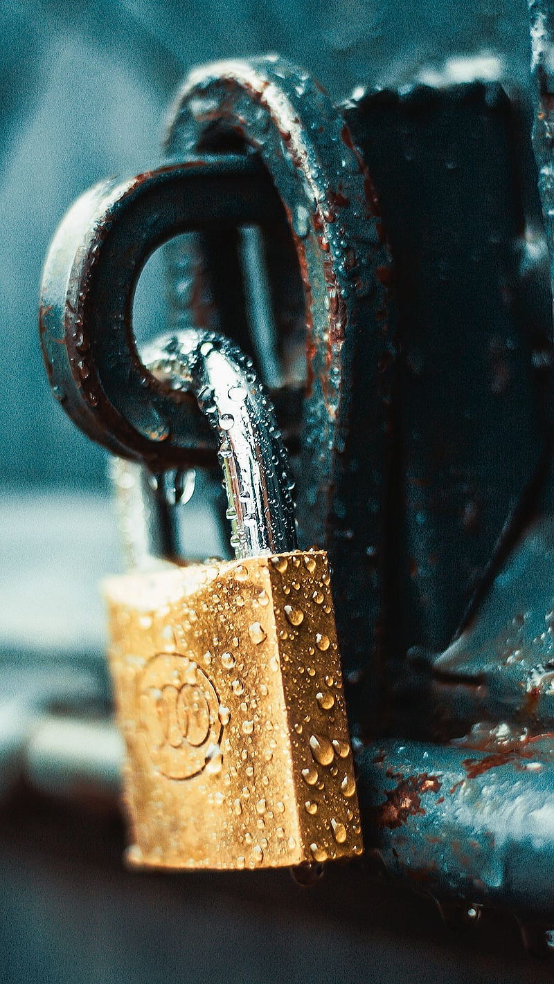 golden lock, security, locked, padlock, waterdrops, HD phone wallpaper