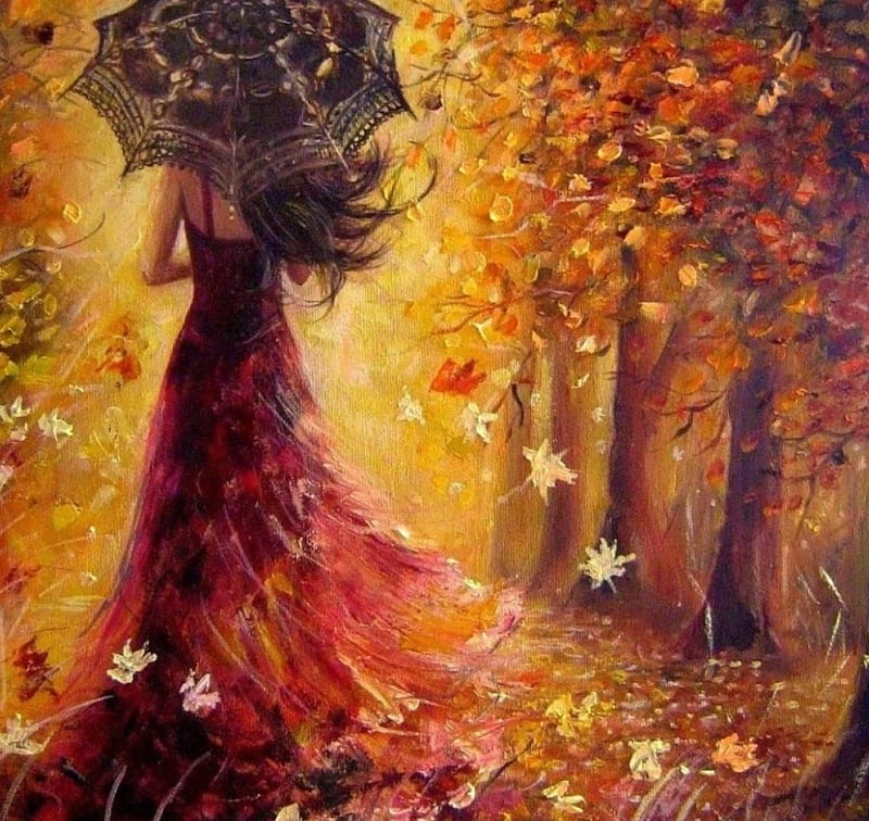 Painting, autumn, lady, trees, HD wallpaper